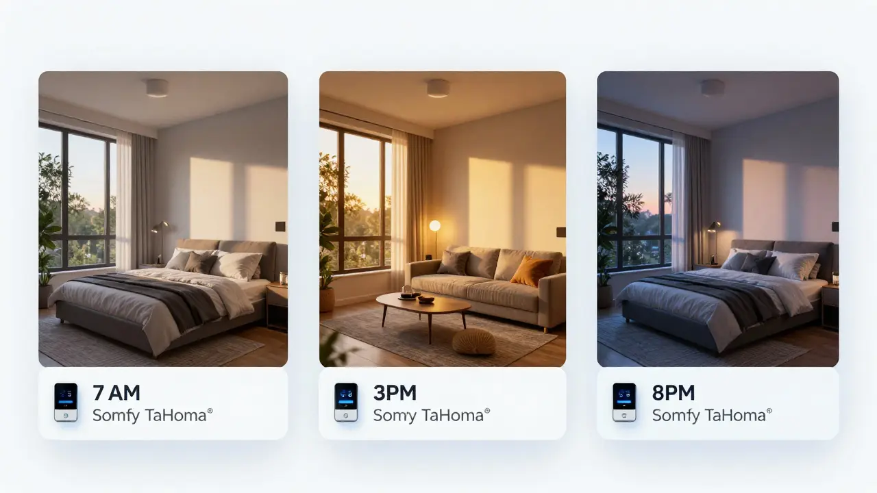 Tři scény stejného bytu v různých časech dne: ráno, odpoledne a večer, ukazující přirozené a chytré osvětlení.