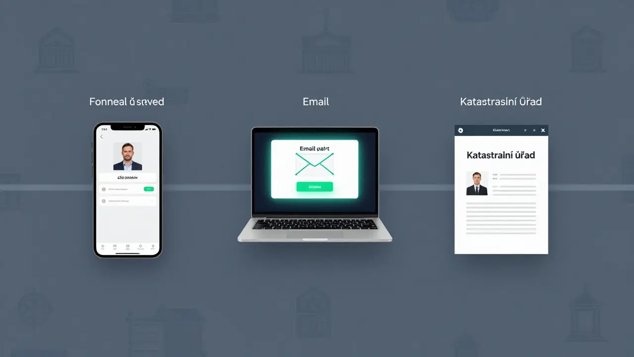 Tři scény: vlastník kontroluje portál, přijímá e-mailové upozornění a advokát podává námitku, všechno v minimalistickém digitálním stylu.