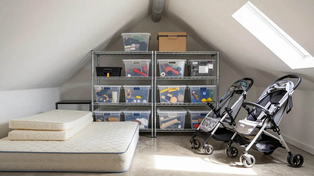 Uklizené podkroví s polici a vyhrazeným místem na zakázané předměty.