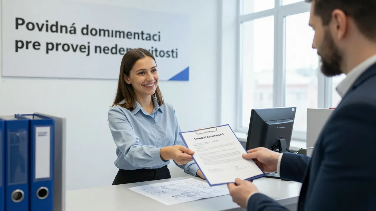 Úředník v stavebním úřadě v Praze vydává kolaudační rozhodnutí klientovi.