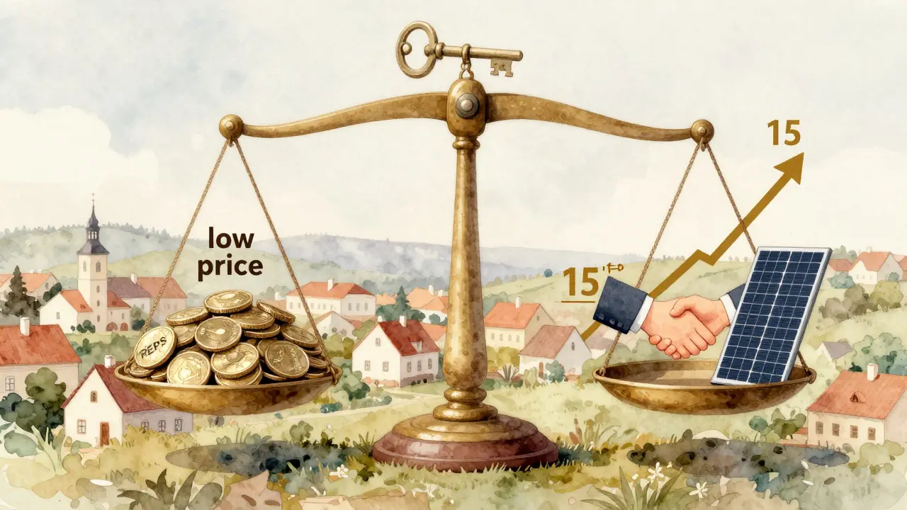 Váha s nízkou cenou a spolehlivým dodavatelem s certifikací REPS, symbolizující dlouhodobou hodnotu