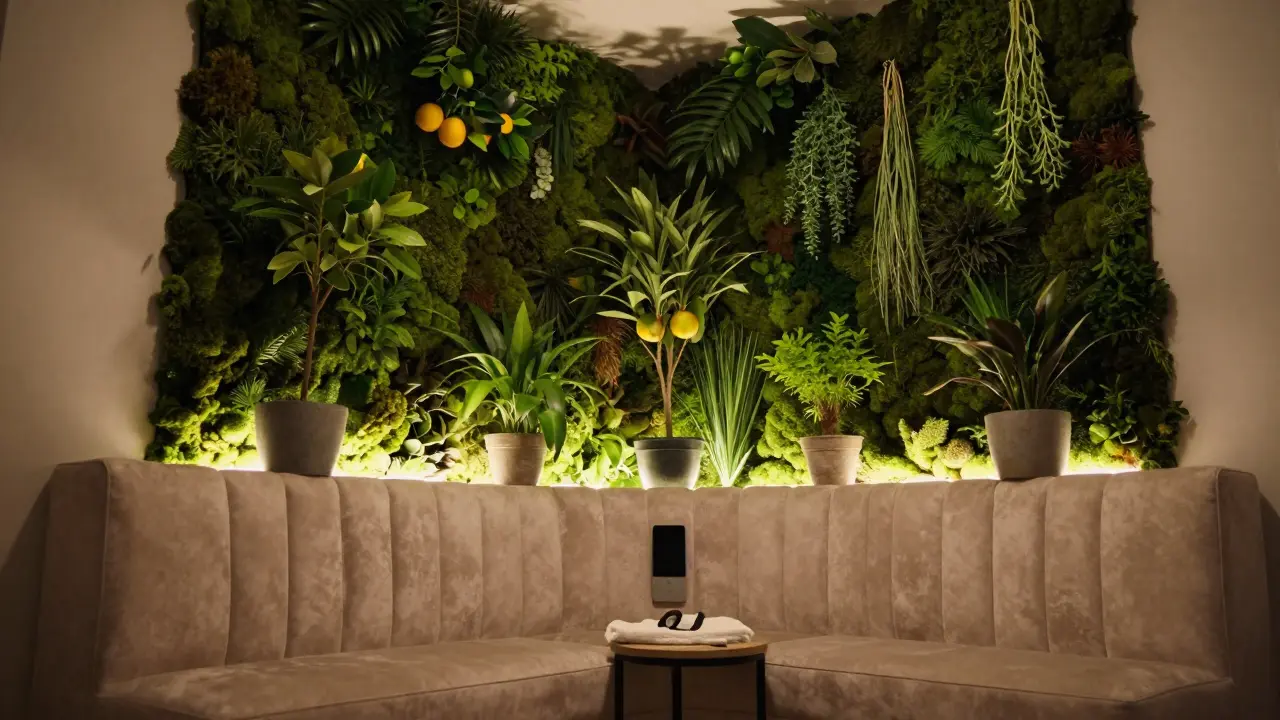 Vertikální zahrada s mechem a rostlinami v klidném domácím prostoru.