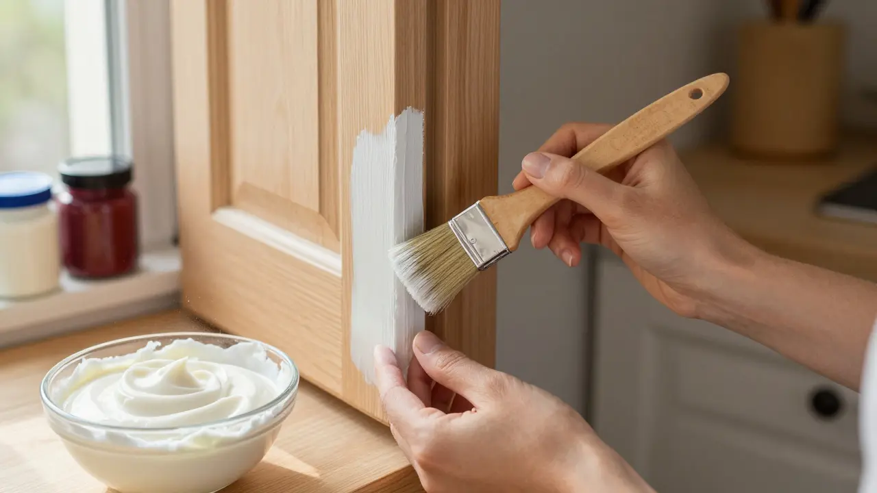 Žena natírá dřevěný rám dveří přírodní mlékovkou pomocí štětce