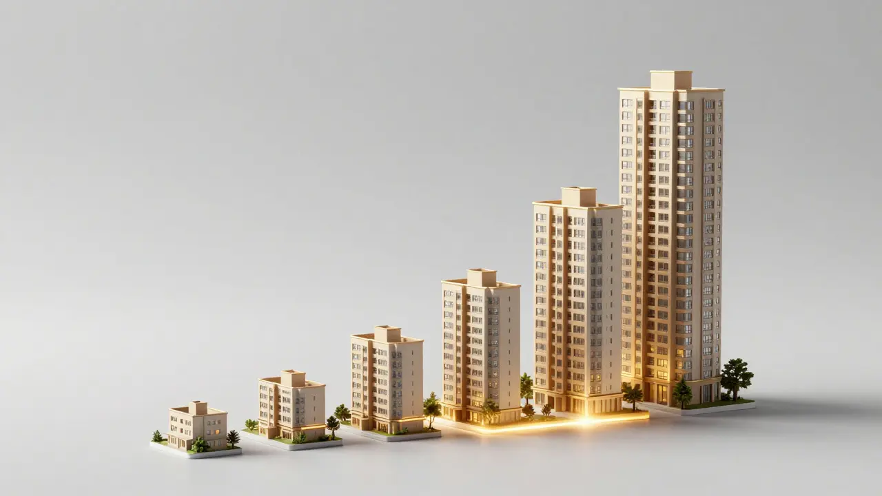 3D vizualizace růstu portfolia nemovitostí znázornující efekt sněжного klouze.