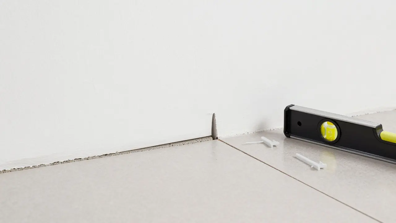 Detail dilatační spáry u stěny a nivelační systém s klínky.