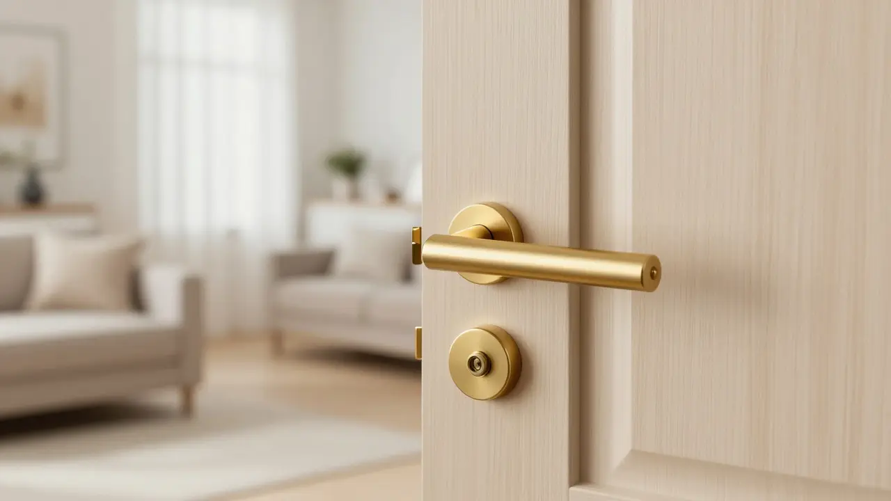 Detail elegantní zlaté kliky na světlých dřevěných dveřích v moderním interiéru.