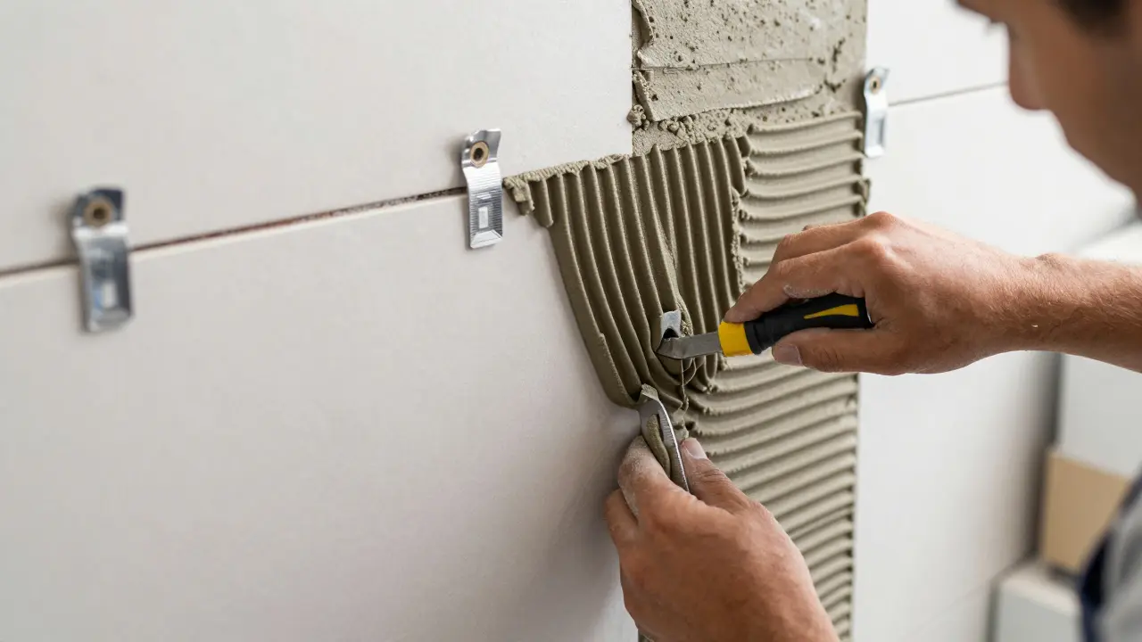 Detail pokládky velkoformátového obkladu s použitím nivelačních klínů a lepidla.