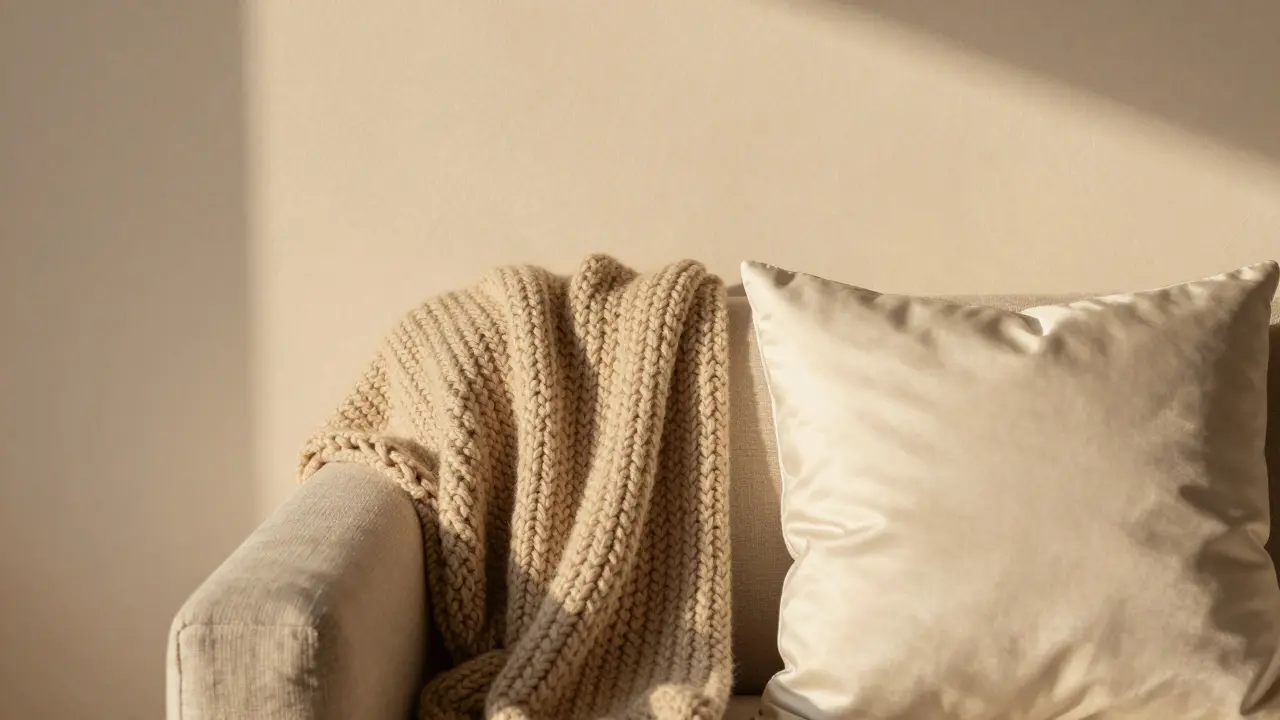 Detail různých textur v béžovém interiéru, od vlněné přizevku po hedvábí.