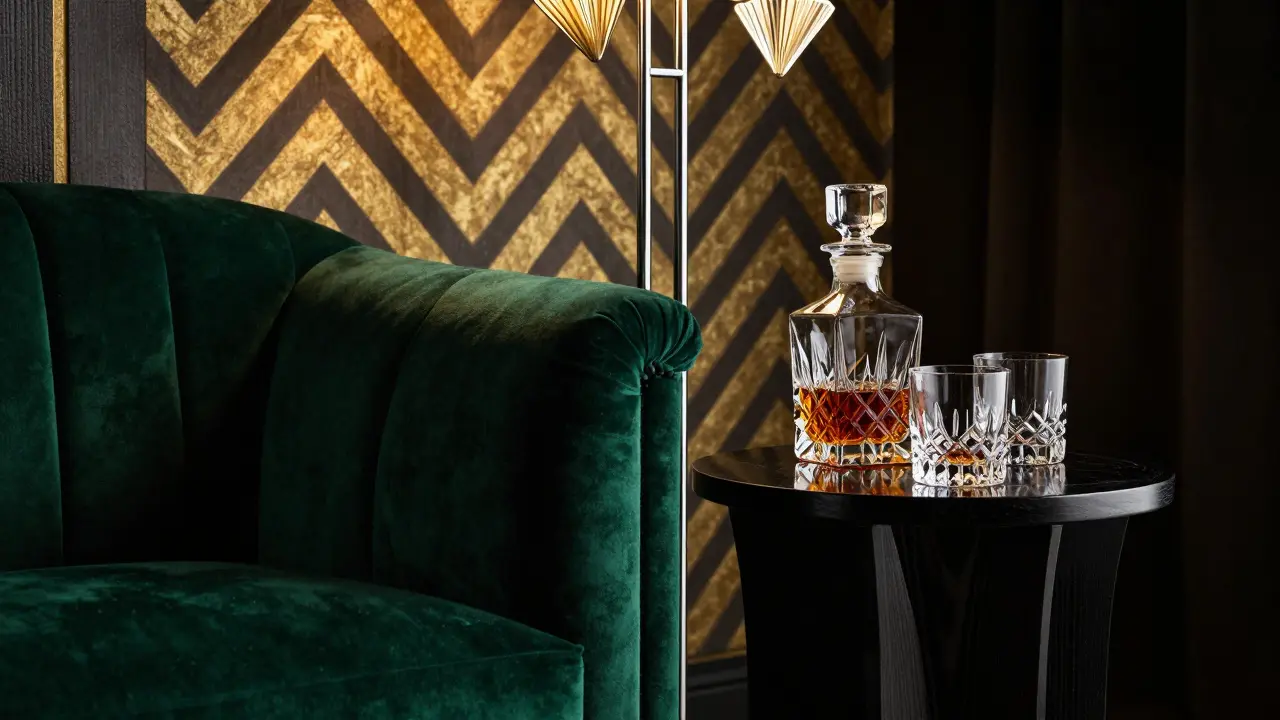 Detail smaragdového sametového pohlaví, ebenového stolku a krystalové sady v temném glamouru.