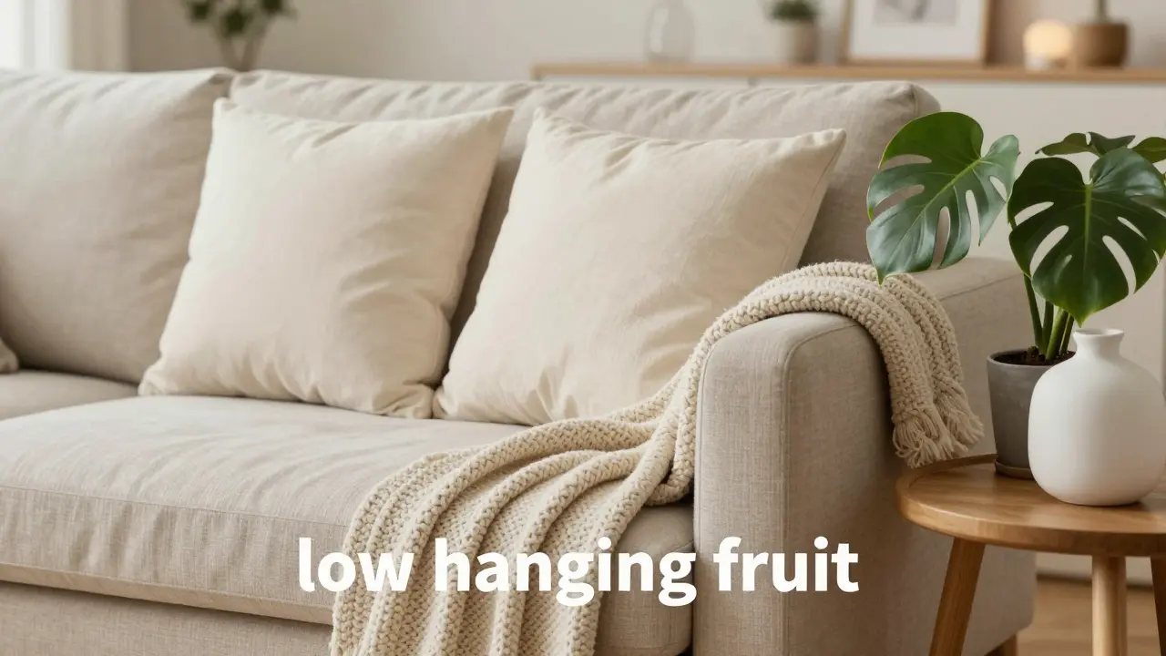 Detail útulného obývacího pokoje s neutrálními textiliemi a zelenou pokojovou rostlinou.