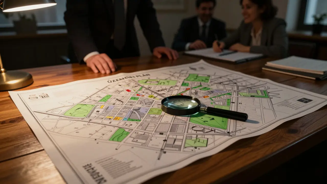 Detail územního plánu na stole v úřadě s lupou přes zelenou plochu.