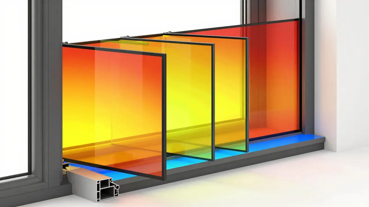 Detailní průřez trojsklem znázornující zastavení úniku tepla z interiéru.