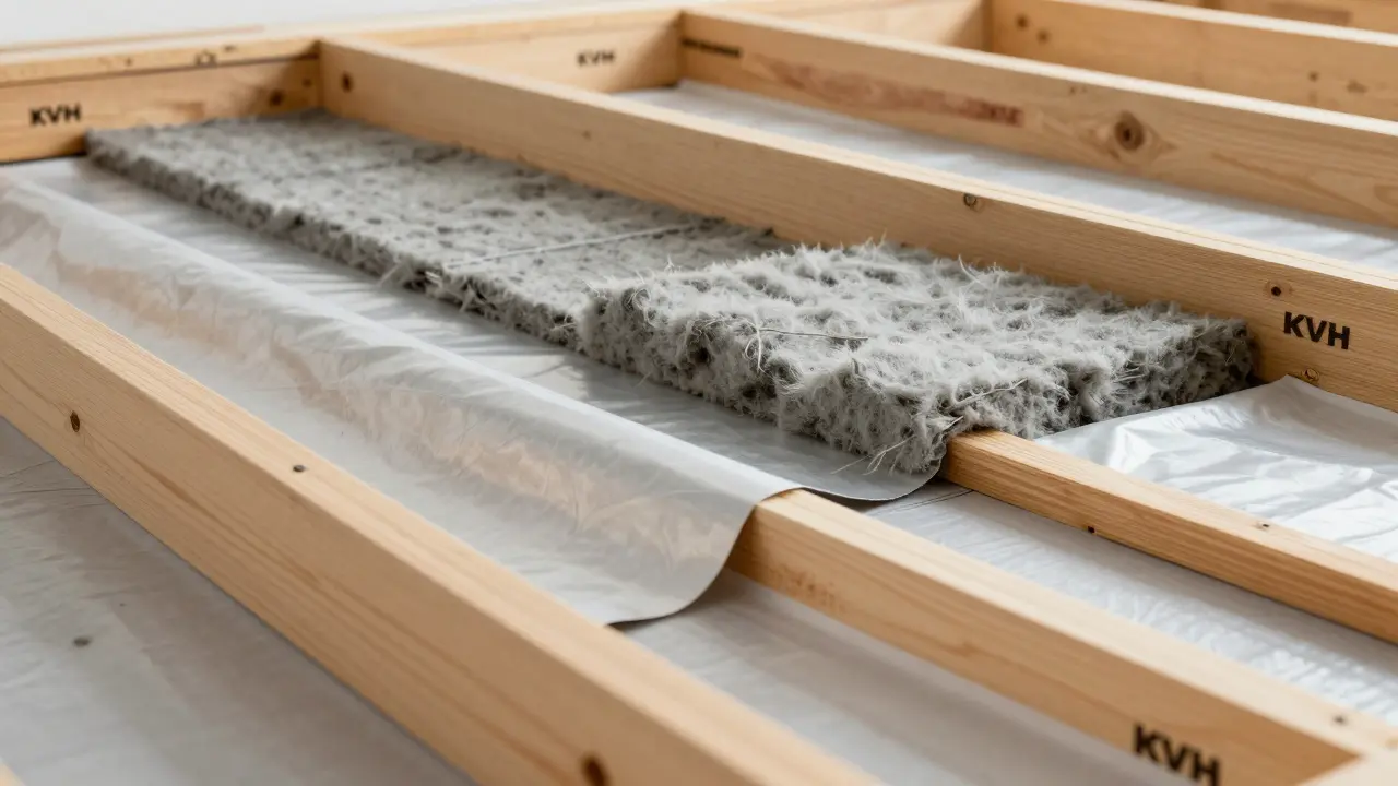 Detailní vrstvy střechy: dřevěný krov, minerální vata a hydroizolační fólie.