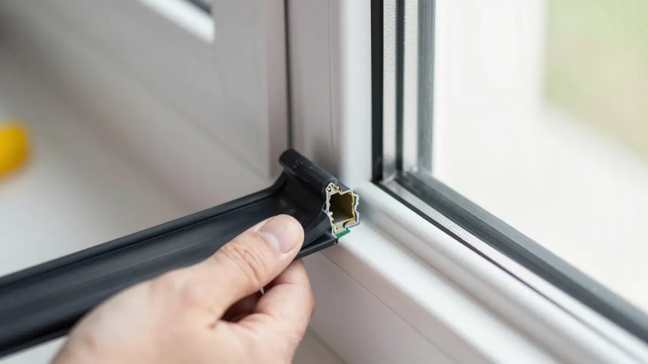 Instalace kvalitního EPDM gumového těsnění do rámu bílého okna.