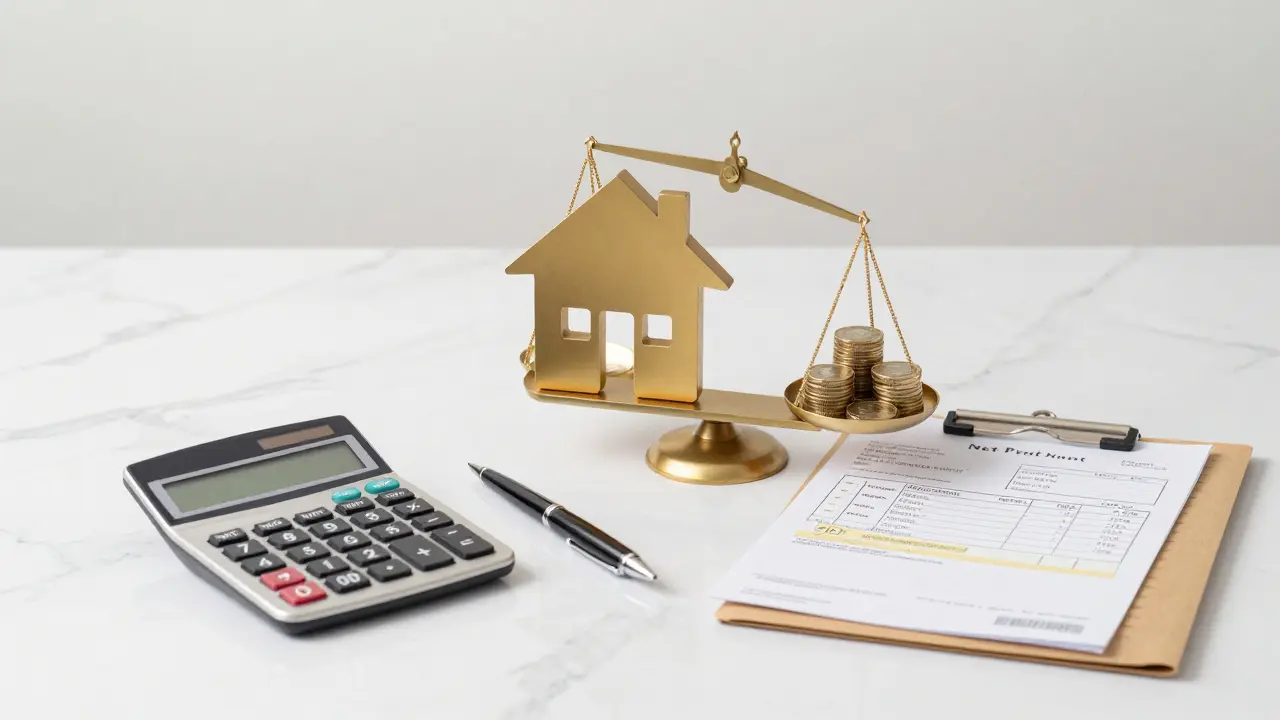 Kalkulačka, faktury za rekonstrukci a symbol domu znázorňující výpočet zisku.