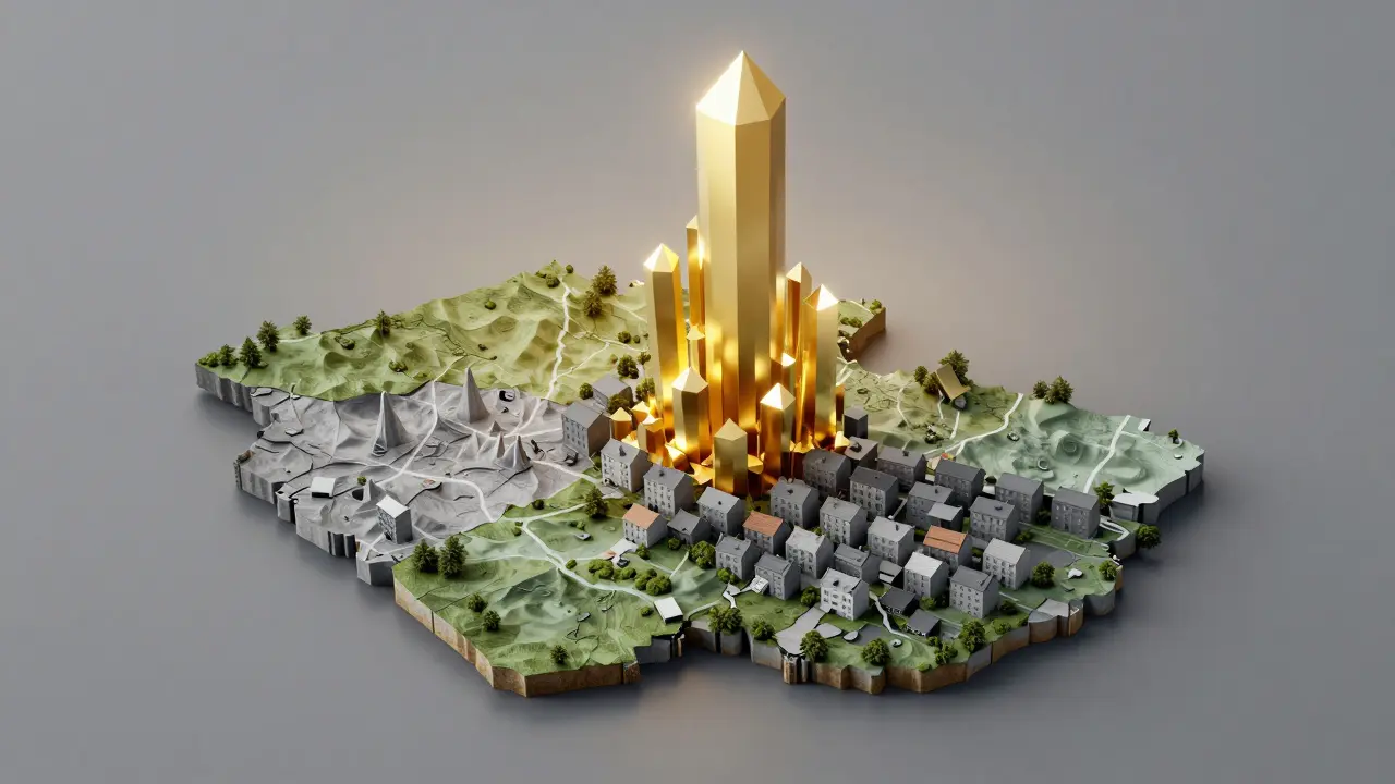 Konceptuální mapa ČR s vyzdviženou Prahou a degradovanou zástavou v Ústeckém kraji.