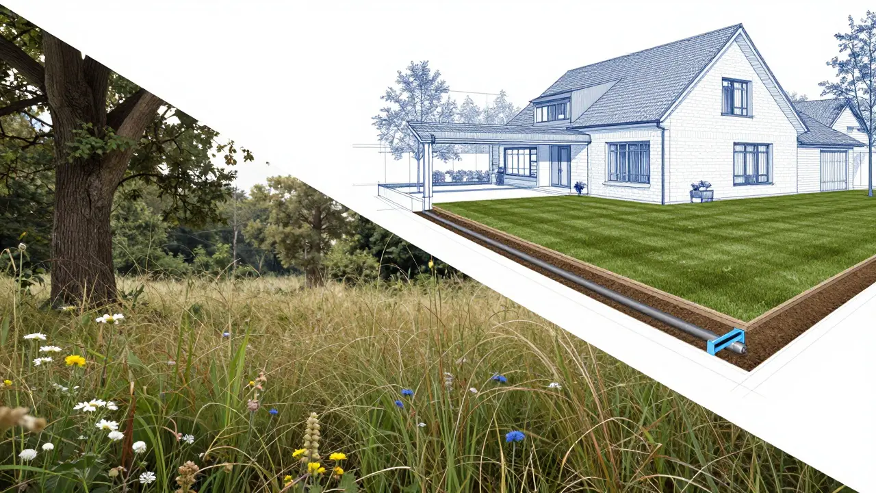 Konceptuální obraz rozdělený na stavební plán domu a chráněnou přírodu.