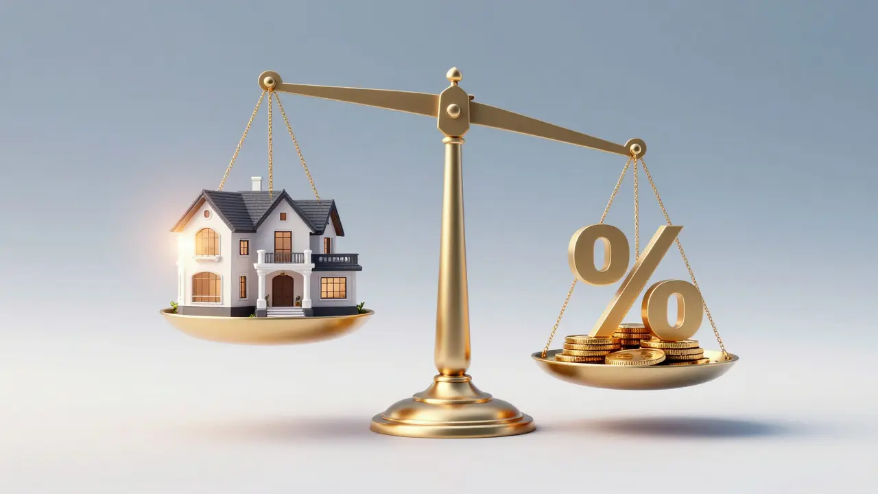 Konceptuální váha s miniaturou vily a symboly peněz znázornující hodnotu provize.