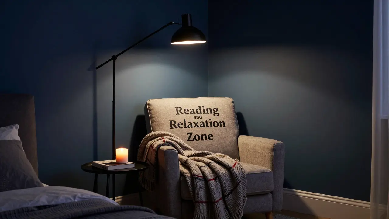 Koutek pro čtení s pohodlným křeslem, pleteným plédem a moderní stojací lampou v útulné atmosféře.