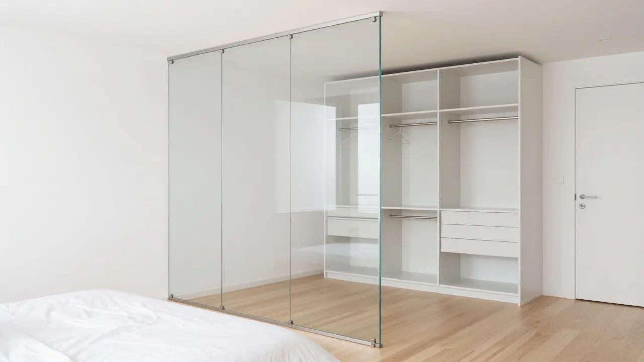 Malý byt s nahezu neviditelnou dělící stěnou z plexiskla v hliníkových profilech.