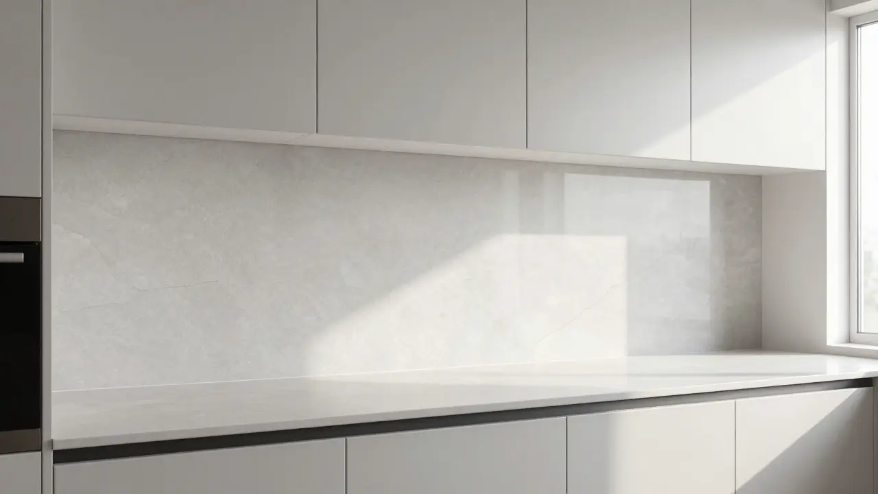 Minimalistická kuchyň s celoplošným velkoformátovým obkladem za pracovní deskou.