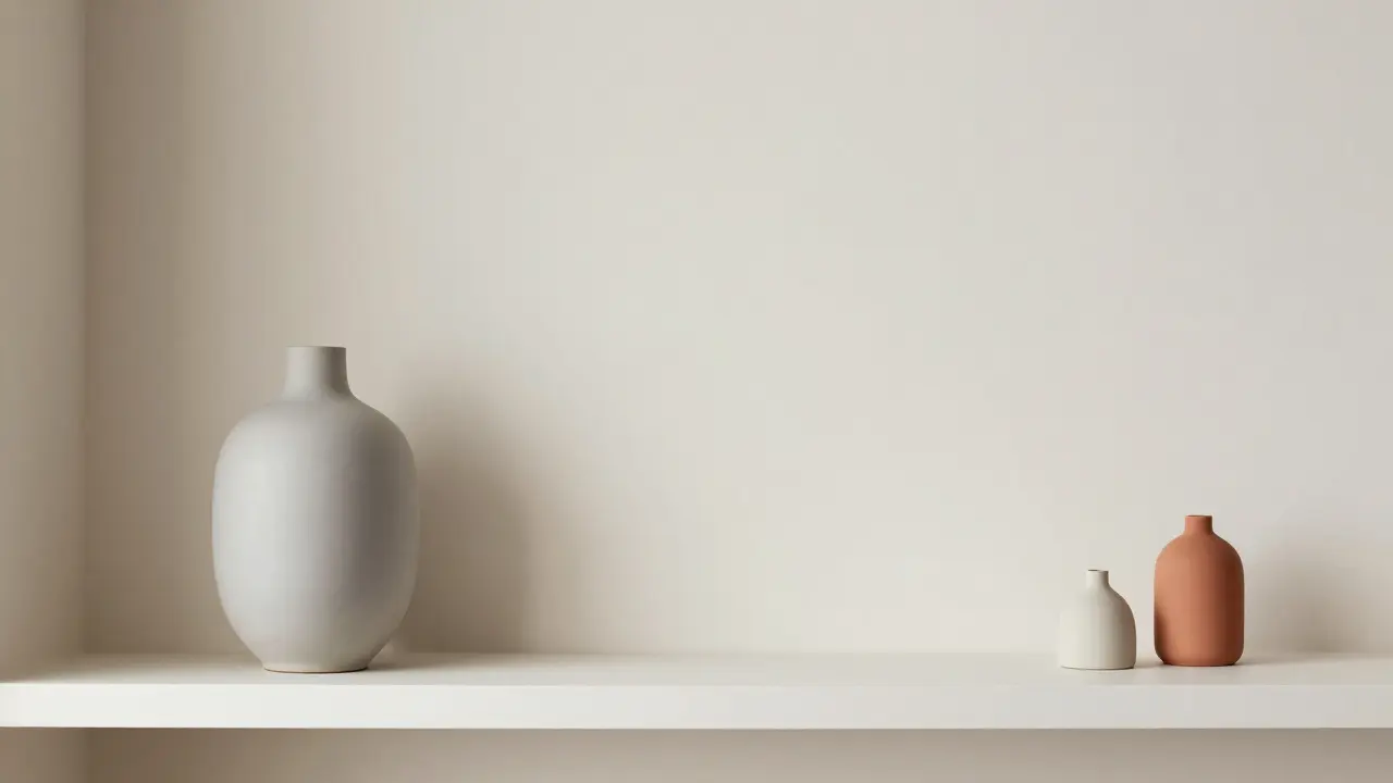 Minimalisticky dekorovaná police s jednou dominantní vázou a volným prostorem.