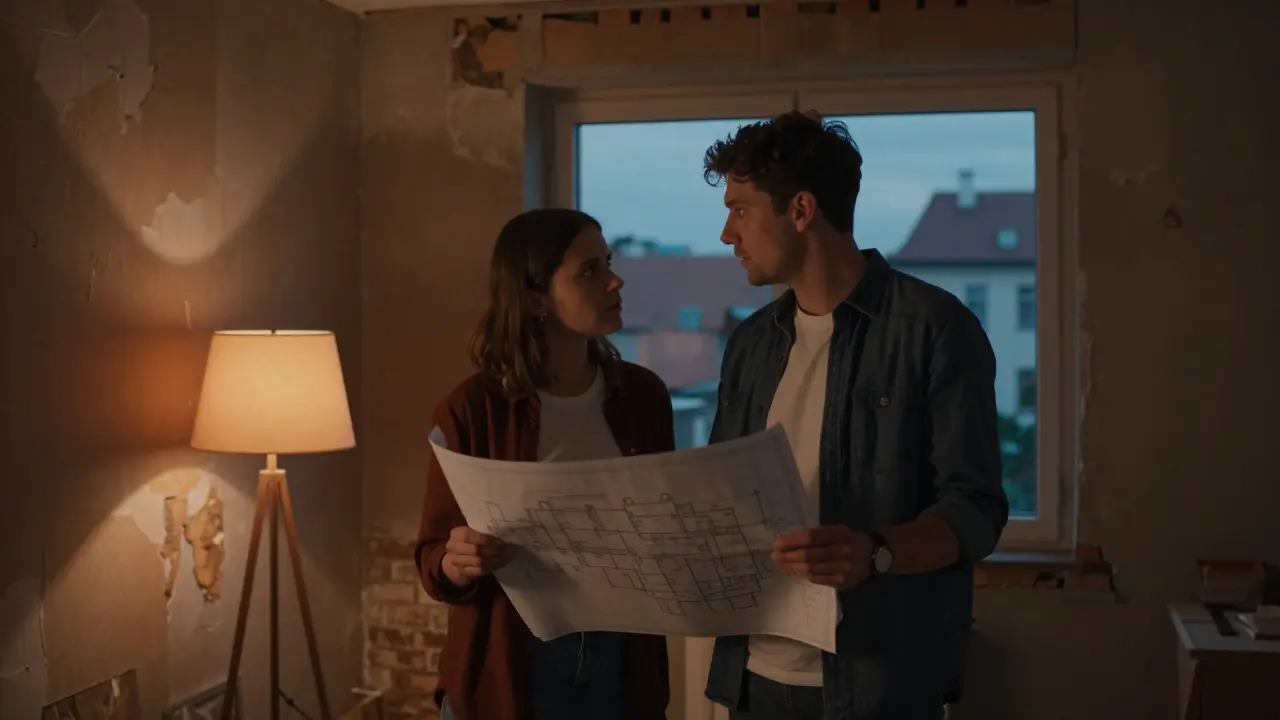 Mladý pár v bytě k rekonstrukci s pohledem na město za oknem.