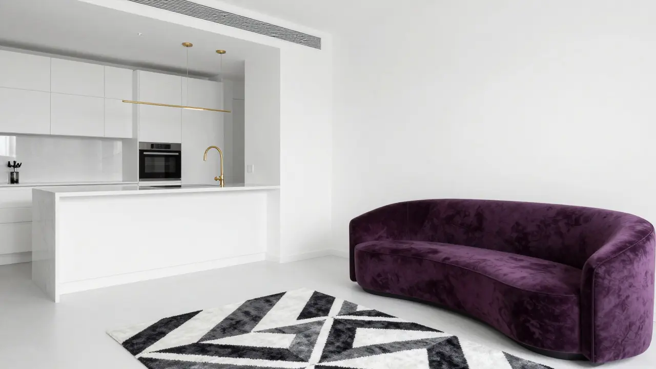 Moderní byt s kombinací bílého minimalismu a výrazné fialové sametové pohovky s geometrickým kobercem.