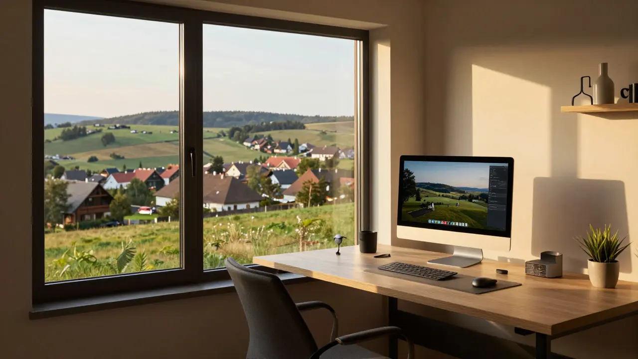 Moderní domácí kancelář v renovovaném venkovském domě s výhledem na krajinu.