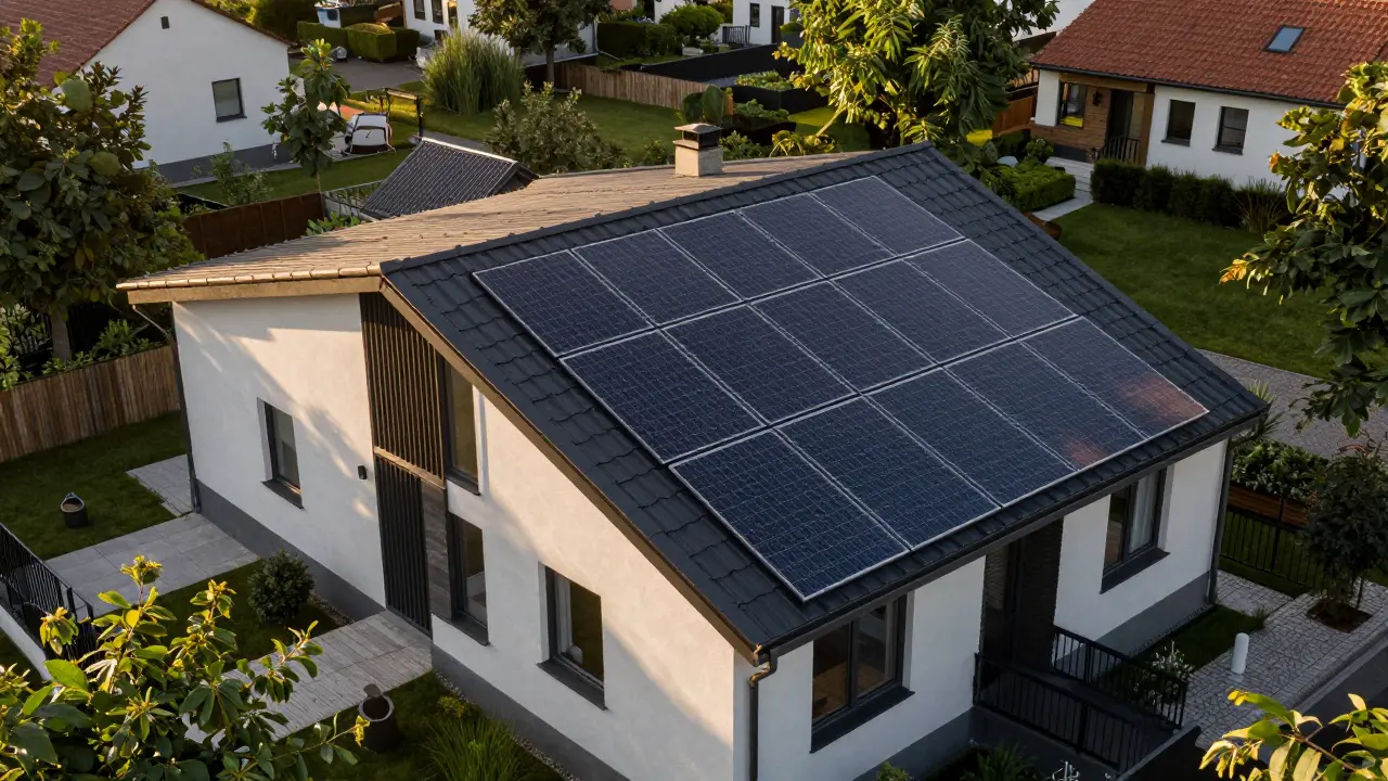 Moderní dům s hybridní střechou kombinující keramické tašky a solární panely.