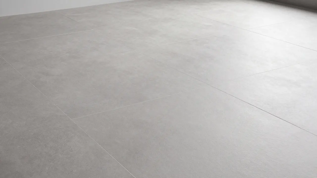 Moderní koupelna s velkoformátovou dlažbou a úzkými, čistými spárami.