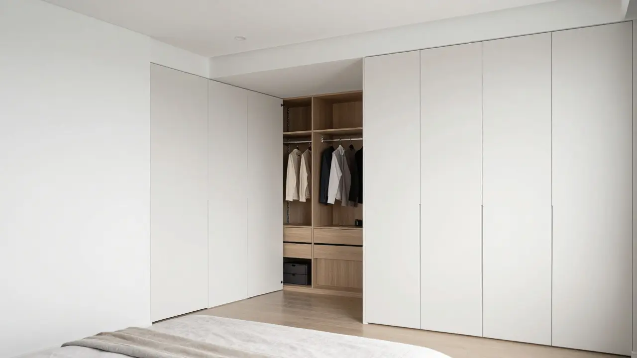 Moderní vestavěná skříň sahající až ke stropu, která vytváří čistý a organizovaný úložný prostor.