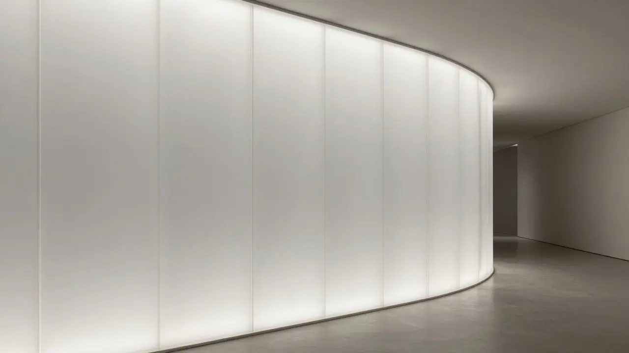 Oblouková příčka z matního mléčného polykarbonátu rozptylující světlo do interiéru.