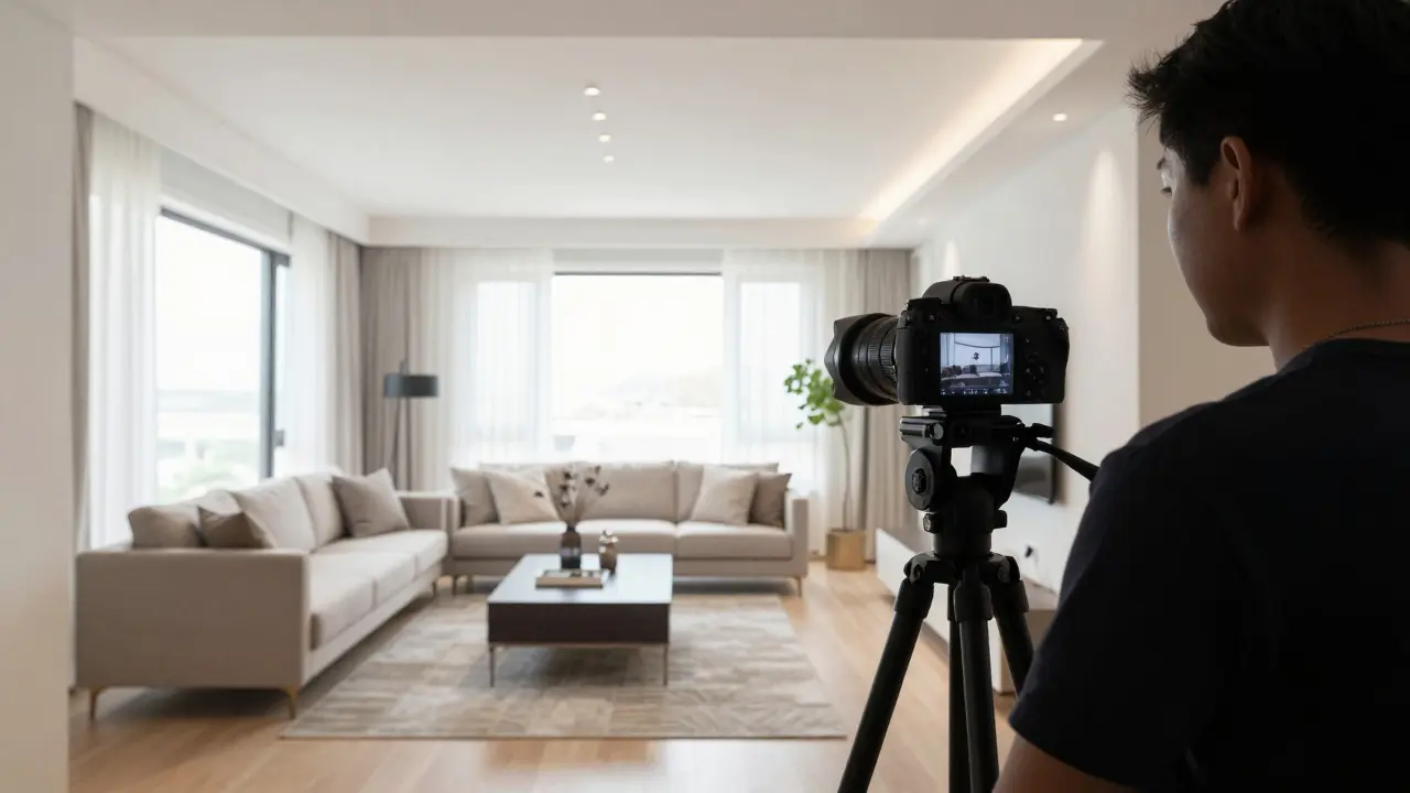 Profesionální fotograf při focení dokonale připraveného a světlého bytu pro prodej.