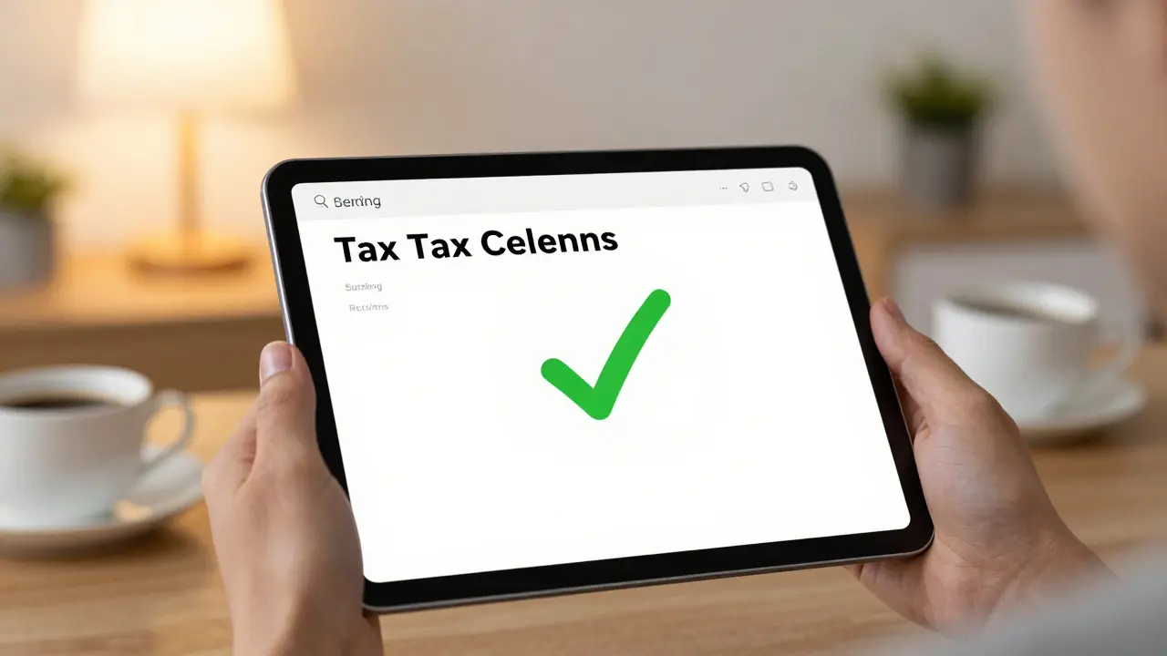 Ruka s tabletem zobrazujícím potvrzení o podaném daňovém přiznání v domácím koutku.