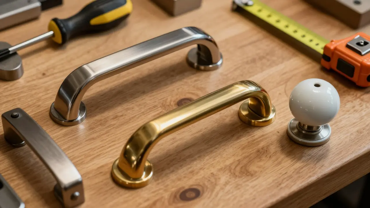 Sada různých klik z nerezové ocely, mosazi a keramiky s nářadím na stole.