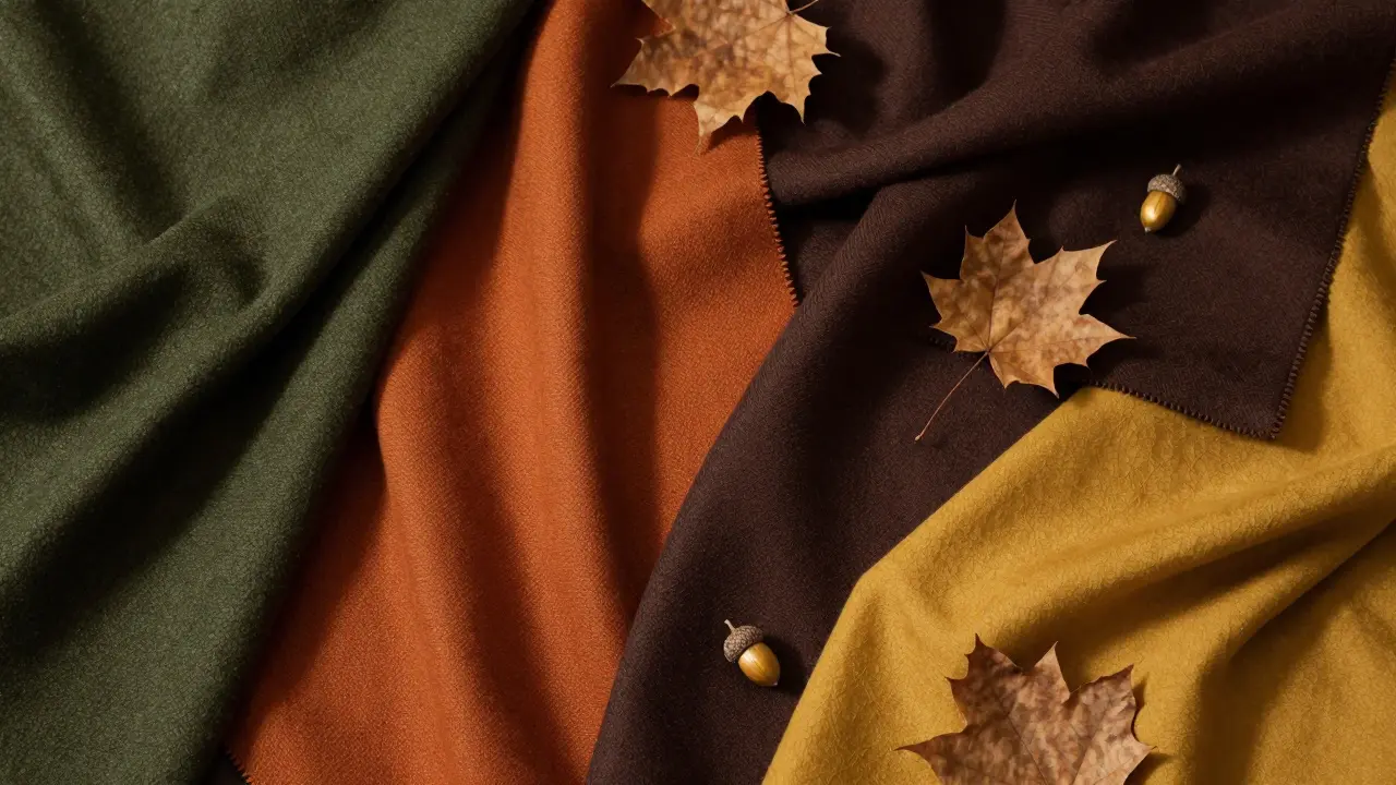 Sada v samplingových látek v sytých podzimních barvách s listy.