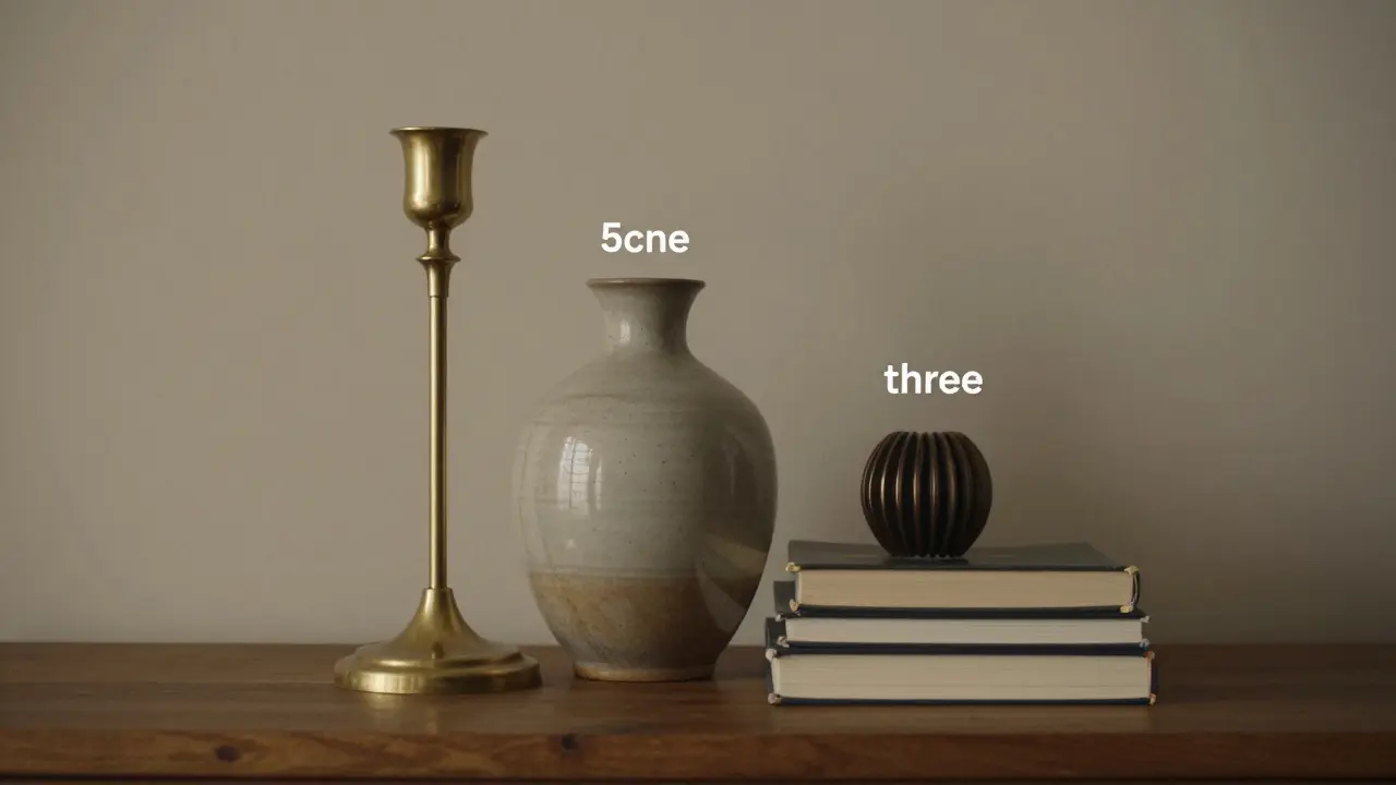 Seskupení tří předmětů v různých výškách na polici včetně knih a mosazného svíjece.