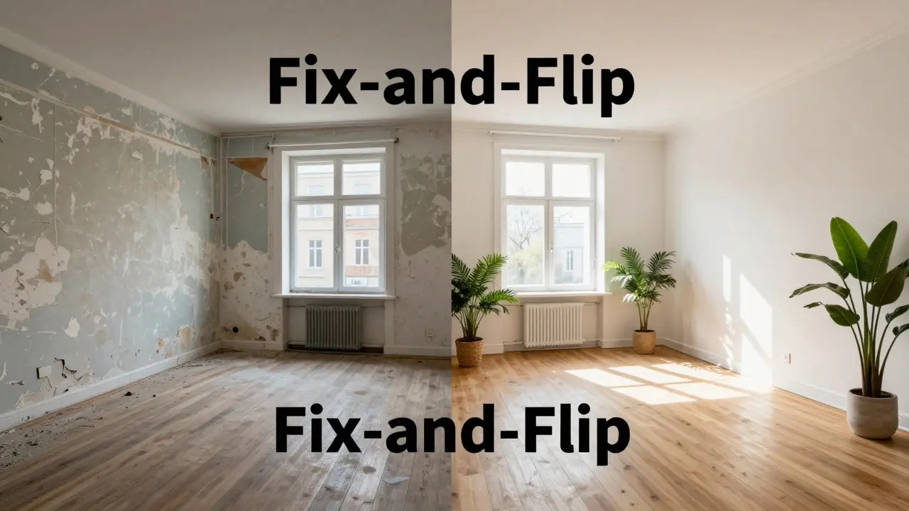 Srovnání zanedbaného bytu před a po moderní renovaci v rámci strategie Fix-and-Flip.