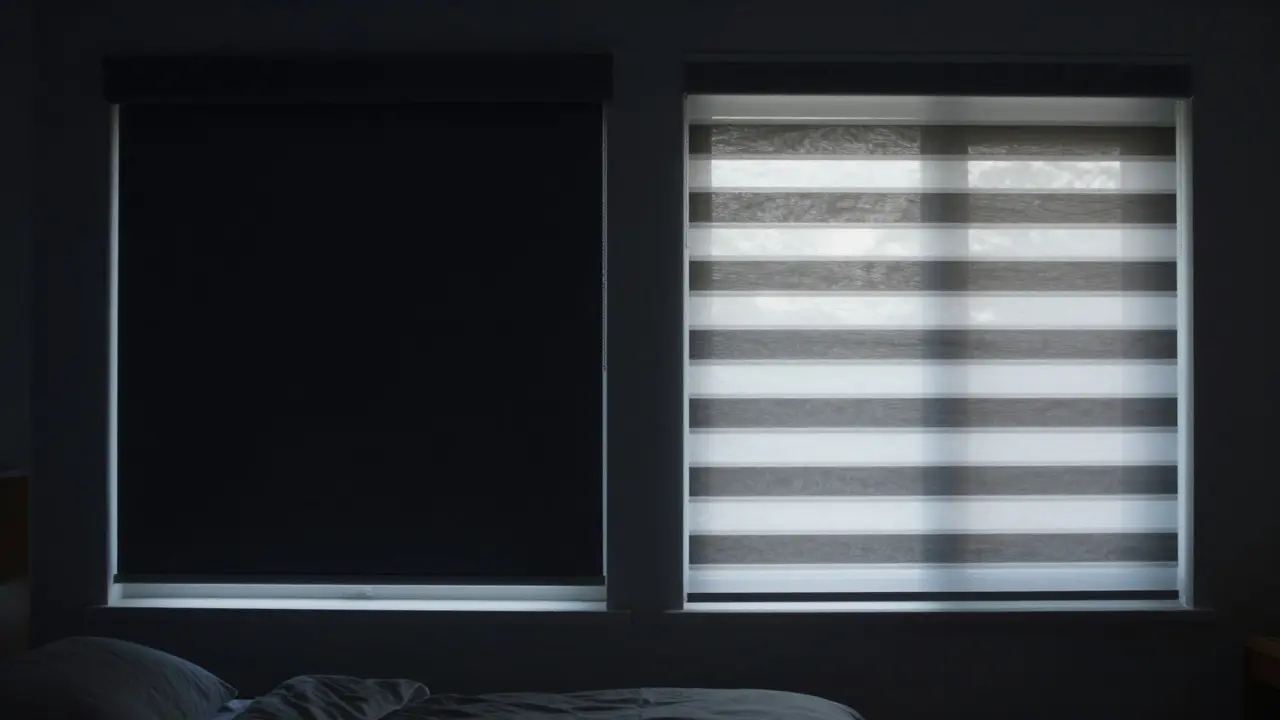 Srovnání zatemňovací rolety pro absolutní tmu a rolety typu den a noc.