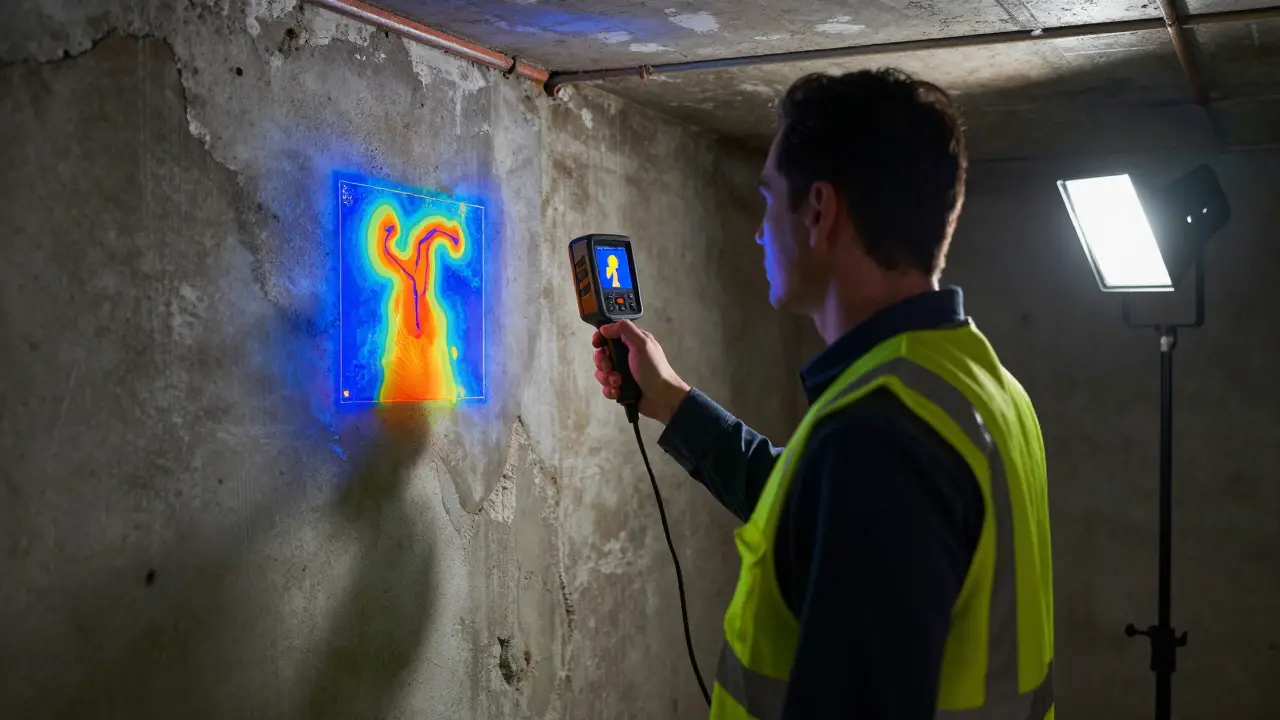 Technik s termokamerou kontroluje vlhkost v suterénu