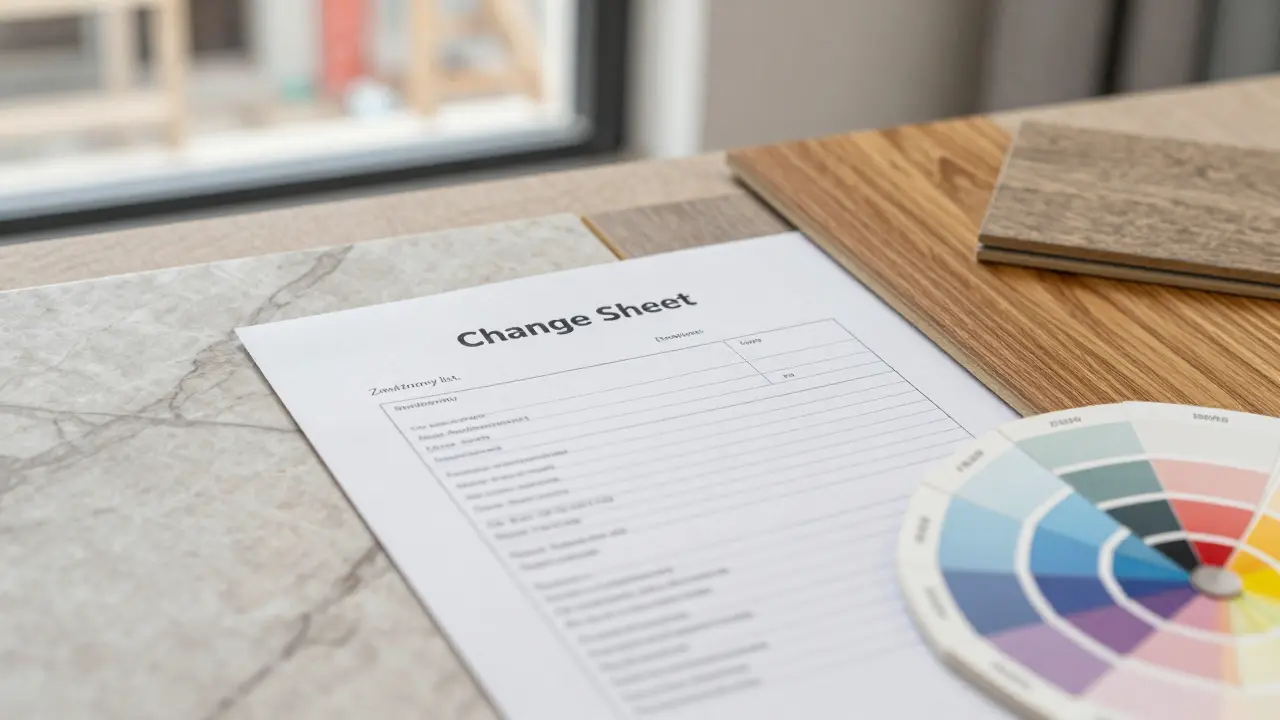 vzorníky materiálů a změnový list na stole designéra.