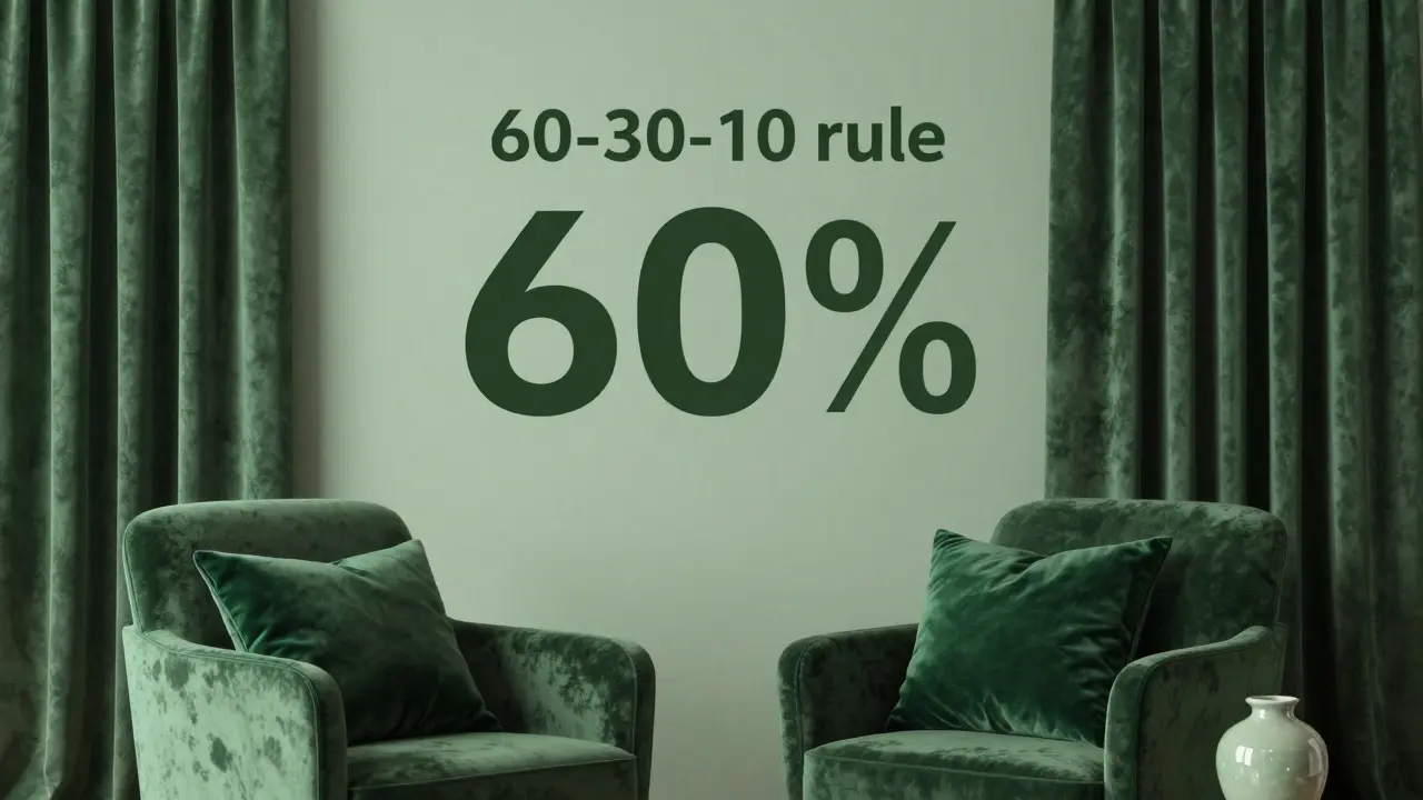 Zelený interiér demonstrující pravidlo 60-30-10 s různými odstíny zelené.