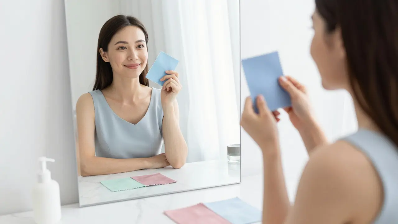Žena provádí domácí test barevné typologie s modrou látkou u obličeje.
