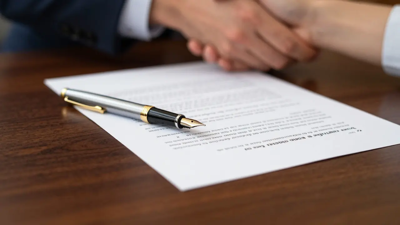 Zprostředkovatelská smlouva s perem na stole a stisk rukou v pozadí.