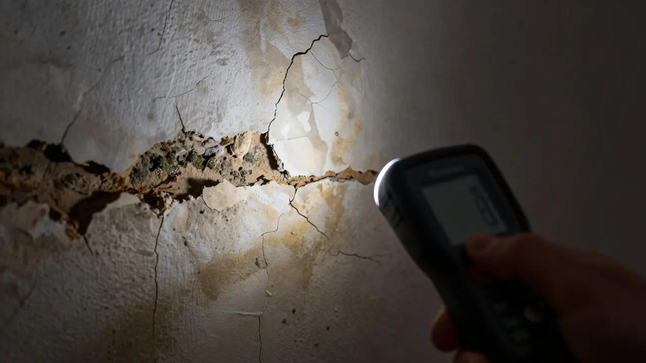 Blesk osvětluje praskliny a plísně na vlhké zdi během technické kontroly