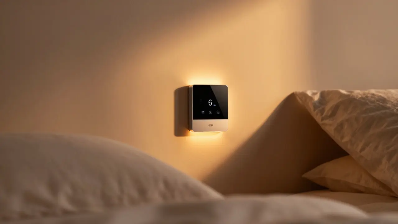 Chytré osvětlení a termostat v ložnici vytvářející teplou relaxační atmosféru