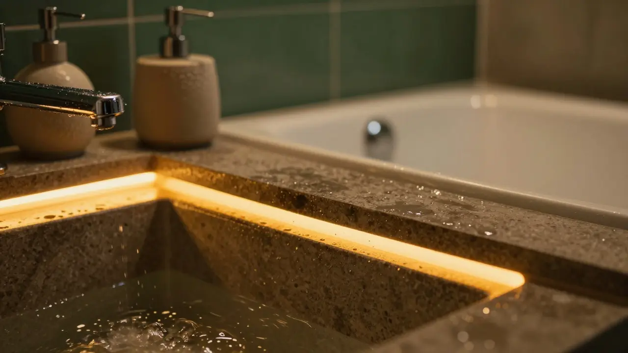 Detail kohoutku a teplého osvětlení v relaxační zóně