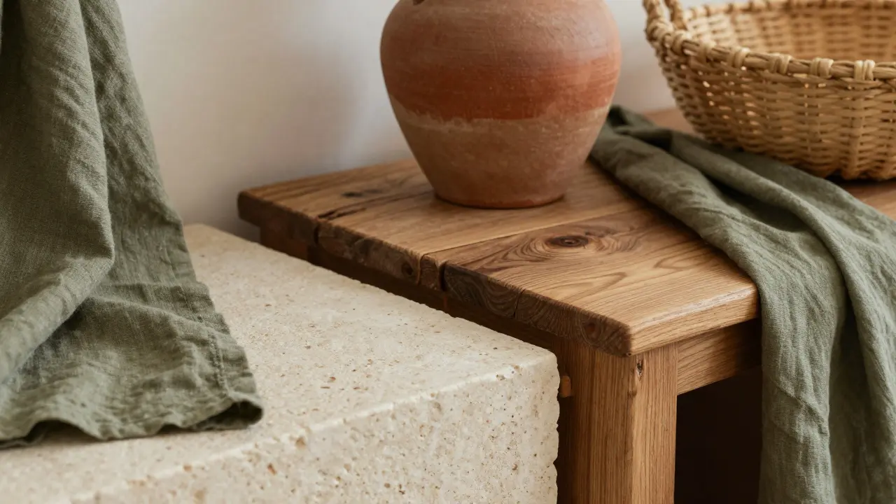 Detail přírodních materiálů: kámen, dřevo a keramika