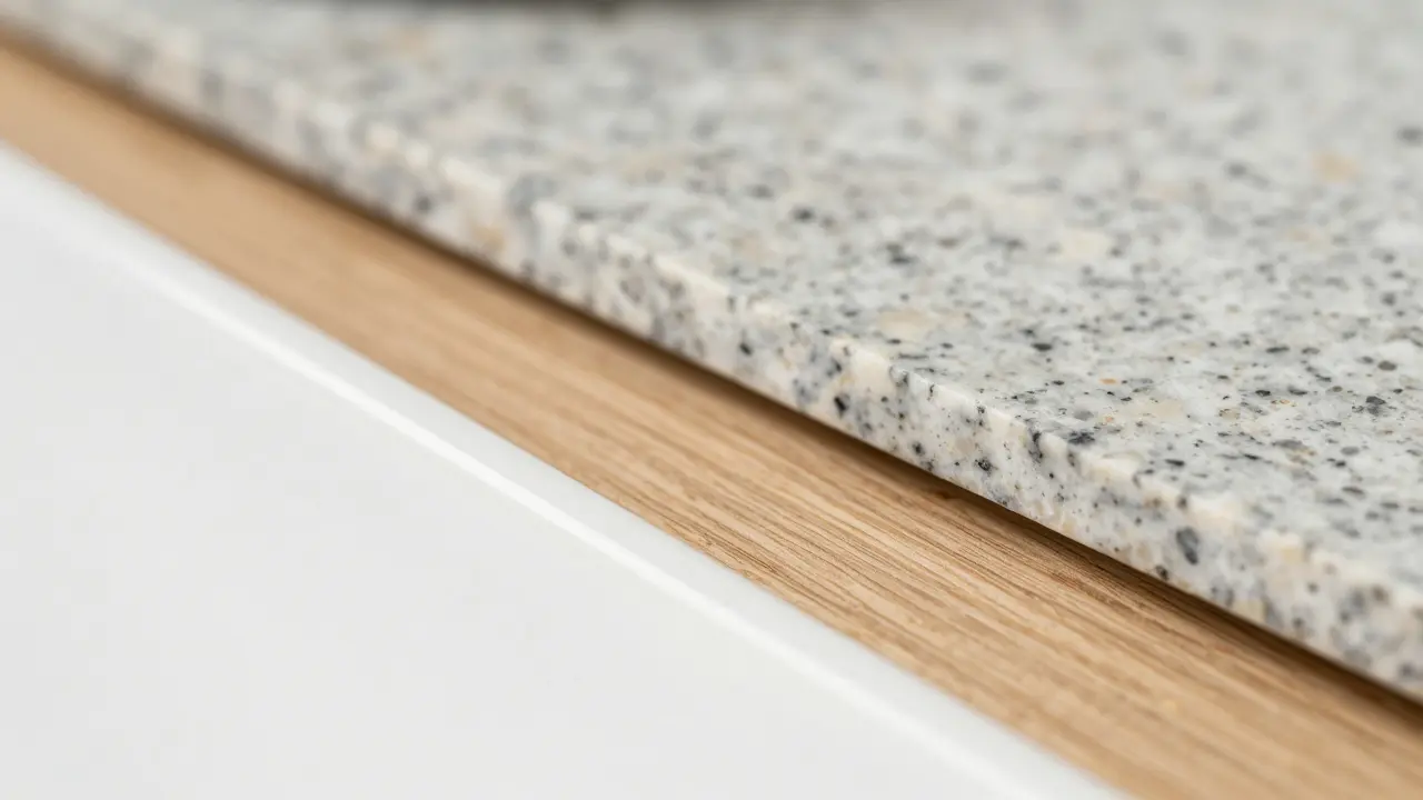 Detail různých materiálů pracovních desek: keramika, dřevo, kámen